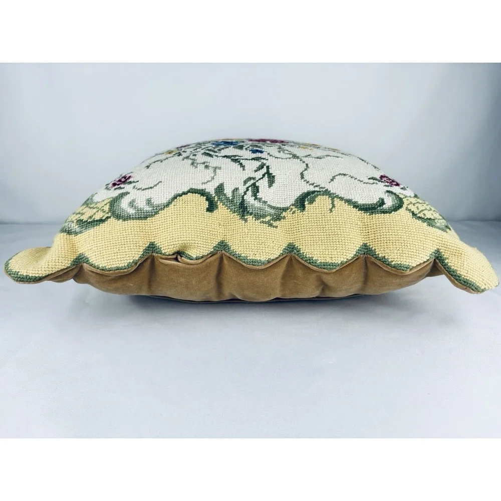 Needlepoint Pillow - Floral Design, Velvet Back, Cottagecore Flowers Grannycore